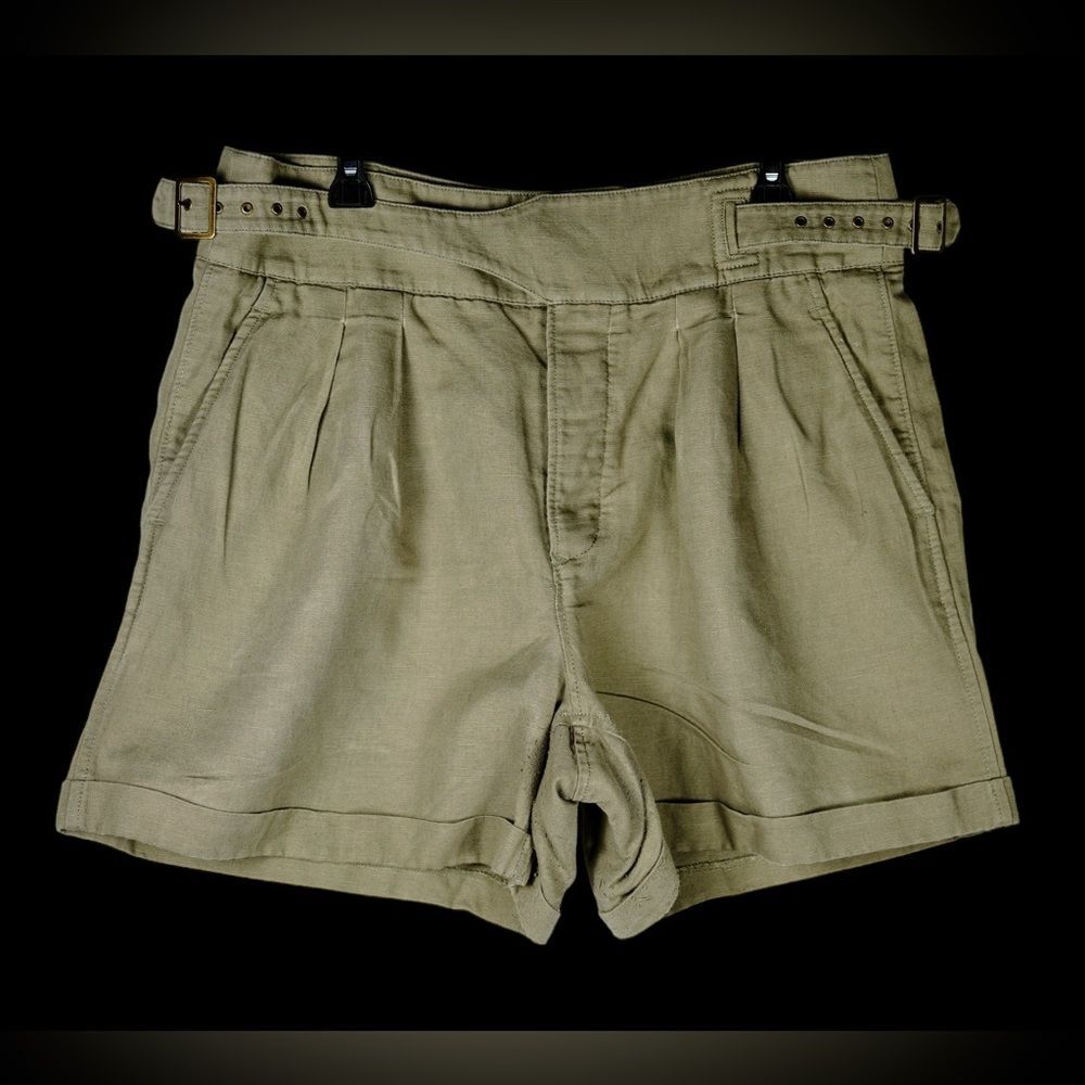 Banana Republic Women's Khaki-Green Linen Cotton Pleated Belted Shorts Size 14 - Picture 3 of 12